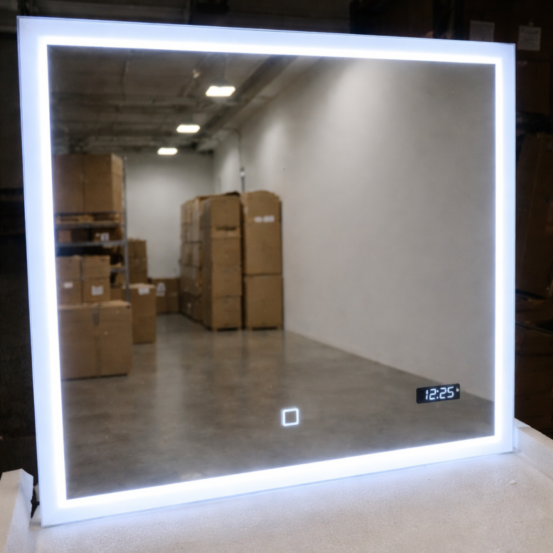 Vonios veidrodis su LED apšvietimu 100x80 cm, reguliuojama šviesa ir laikrodis