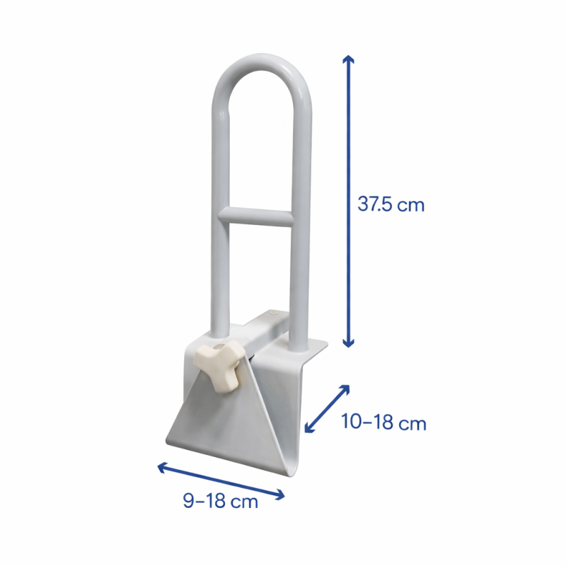 Vonios rankena su tvirtinimu prie krašto, reguliuojamas plotis 9–18 cm, aukštis 37.5 cm Vonios rankena su tvirtinimu prie krašto, reguliuojamas plotis 9–18 cm, aukštis 37.5 cm