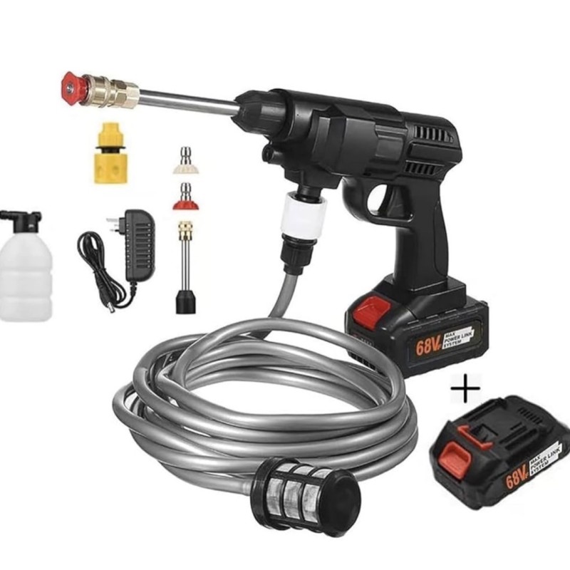 Aukšto slėgio akumuliatorinė plovimo pompa su žarna, filtru, putų talpa ir 2 baterijomis