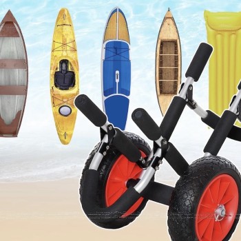 Kajakų ir irklenčių transportavimo vežimėlis su dideliais ratais ir reguliuojamomis atramomis