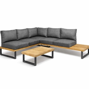 Lauko baldų komplektas 5 vietų su stalu, kampinis, perdirbtas tikmedis, plieninis rėmas, pilkos pagalvės, Zoe Sunfun