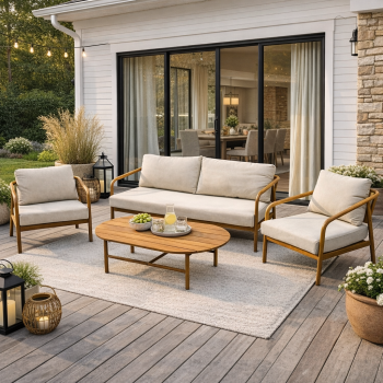 Lauko baldų komplektas sofa, 2 krėslai ir stalas su pagalvėlėmis, dažytas aliuminio rėmas, terasai sodui