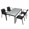Lauko stalas su kėdėmis 145×75×68 cm, aliuminio rėmas, akmens masės stalviršis, juodos plastikinės kėdės