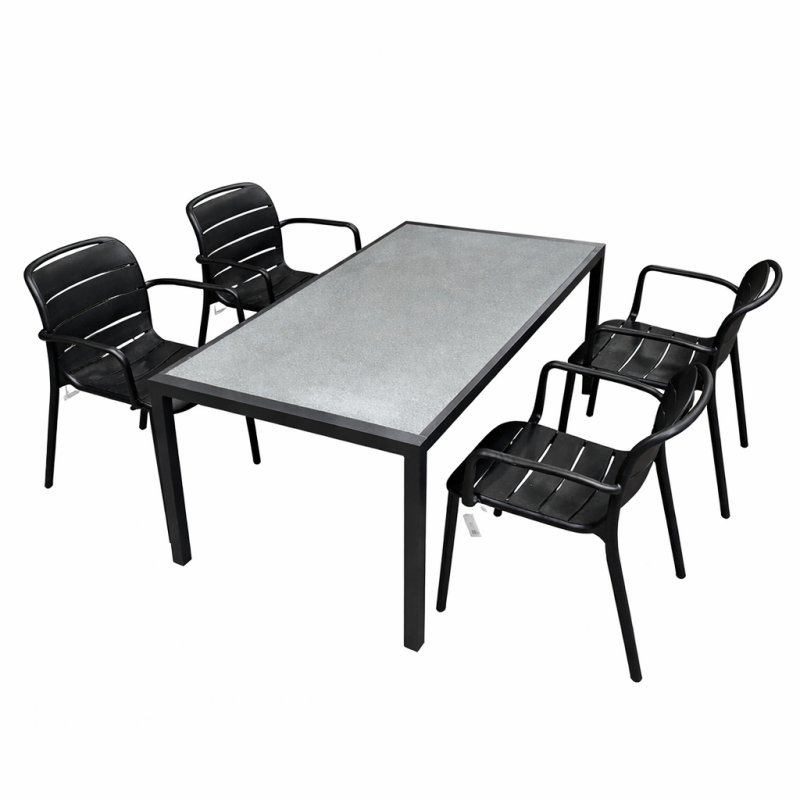 Lauko stalas su kėdėmis 145×75×68 cm, aliuminio rėmas, akmens masės stalviršis, juodos plastikinės kėdės
