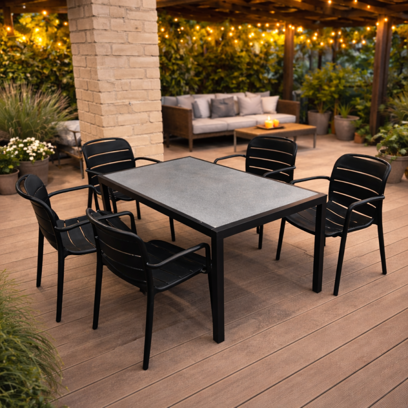 Lauko stalas su kėdėmis 145×75×68 cm, aliuminio rėmas, akmens masės stalviršis, juodos plastikinės kėdės