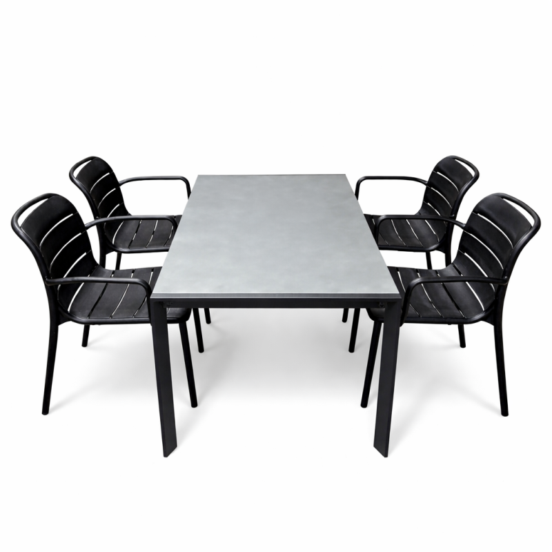 Lauko stalas su 4 kėdėmis 145×75×68 cm, pilkas stalviršis, juodos plastikinės kėdės su porankiais