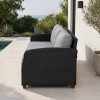 Lauko sofa trivietė ratano 196×79×77 cm, juoda su pilkomis pagalvėmis