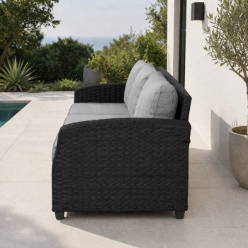 Lauko sofa trivietė ratano 196×79×77 cm, juoda su pilkomis pagalvėmis Lauko sofa trivietė ratano 196×79×77 cm, juoda su pilkomis pagalvėmis