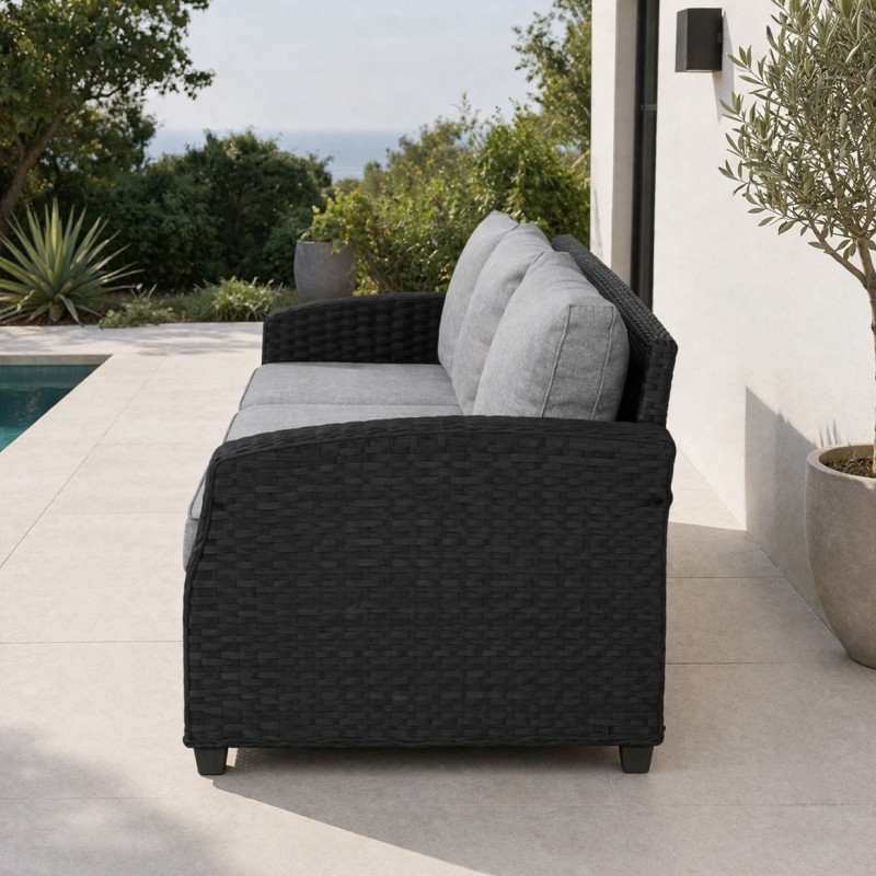 Lauko sofa trivietė ratano 196×79×77 cm, juoda su pilkomis pagalvėmis