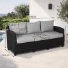 Lauko sofa trivietė ratano 196×79×77 cm, juoda su pilkomis pagalvėmis