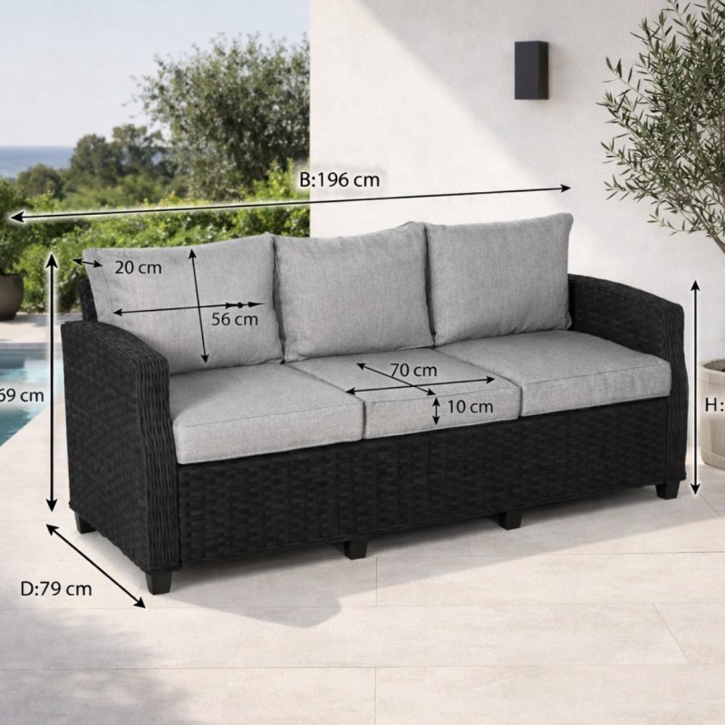 Lauko sofa trivietė ratano 196×79×77 cm, juoda su pilkomis pagalvėmis
