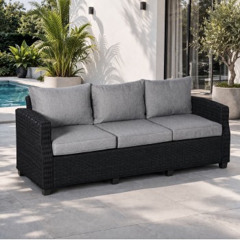 Lauko sofa trivietė ratano 196×79×77 cm, juoda su pilkomis pagalvėmis