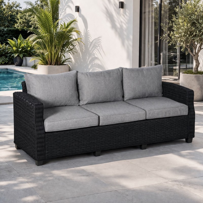 Lauko sofa trivietė ratano 196×79×77 cm, juoda su pilkomis pagalvėmis