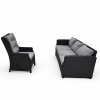 Lauko sofa trivietė ratano 196×79×77 cm, juoda su pilkomis pagalvėmis