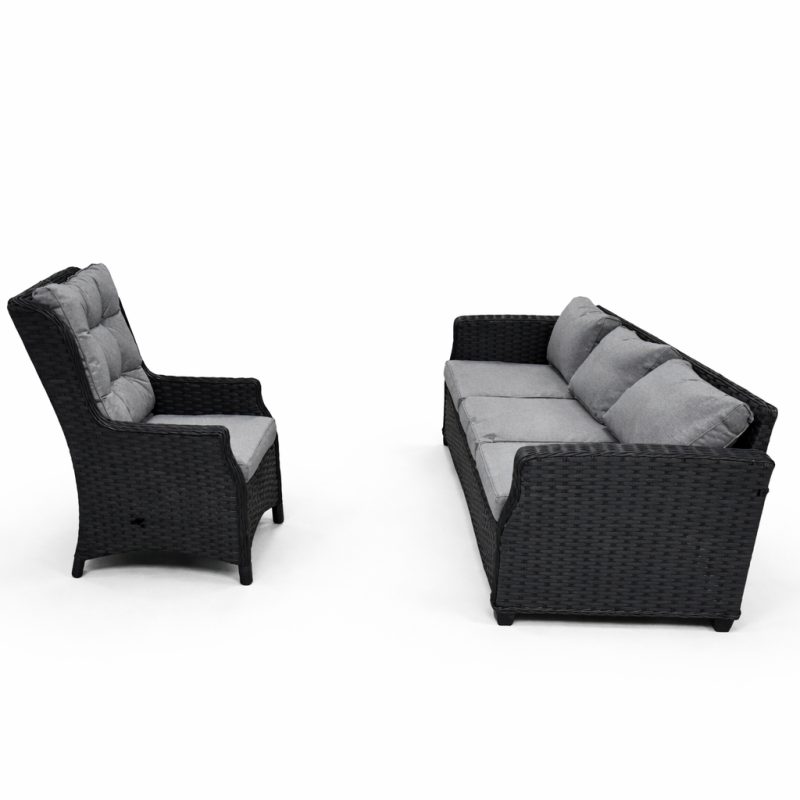 Lauko sofa trivietė ratano 196×79×77 cm, juoda su pilkomis pagalvėmis