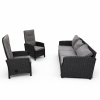 Lauko sofa trivietė ratano 196×79×77 cm, juoda su pilkomis pagalvėmis