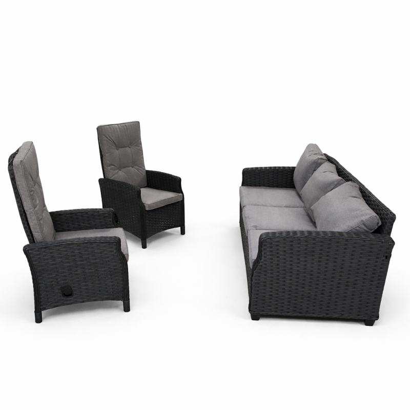 Lauko sofa trivietė ratano 196×79×77 cm, juoda su pilkomis pagalvėmis
