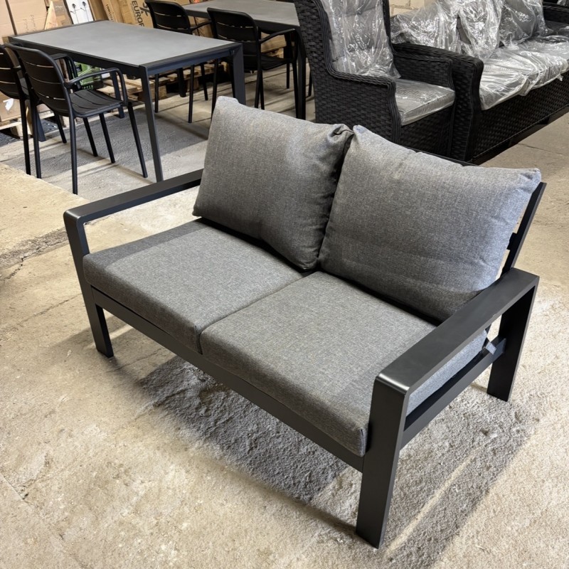Lauko sofa 2 vietų su pagalvėmis, aliuminio rėmas, pilka/juoda, 120x65 cm
