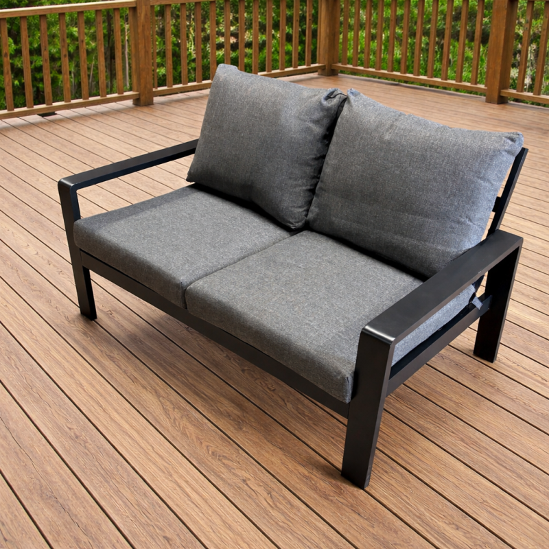 Lauko sofa 2 vietų su pagalvėmis, aliuminio rėmas, pilka/juoda, 120x65 cm