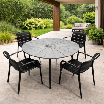 Lauko stalas apvalus Ø120 cm, aliuminio rėmas, WPC stalviršis su akmens centru, pilka/juoda