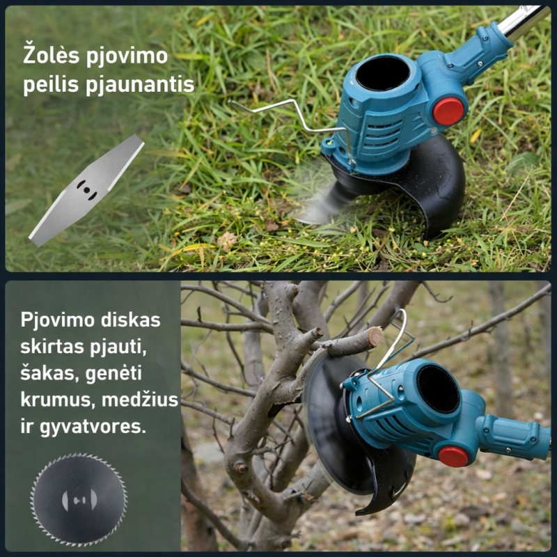 Akumuliatorinis trimeris krūmapjovė 24V su 2 baterijomis ir pjovimo priedais BOXER BX-141