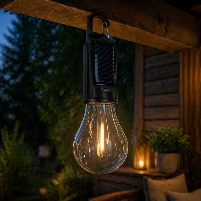 Saulės įkraunama kempingo lemputė su kabliuku SUNLIGHT A6058 – šilta šviesa, 3 apšvietimo režimai, Type-C
