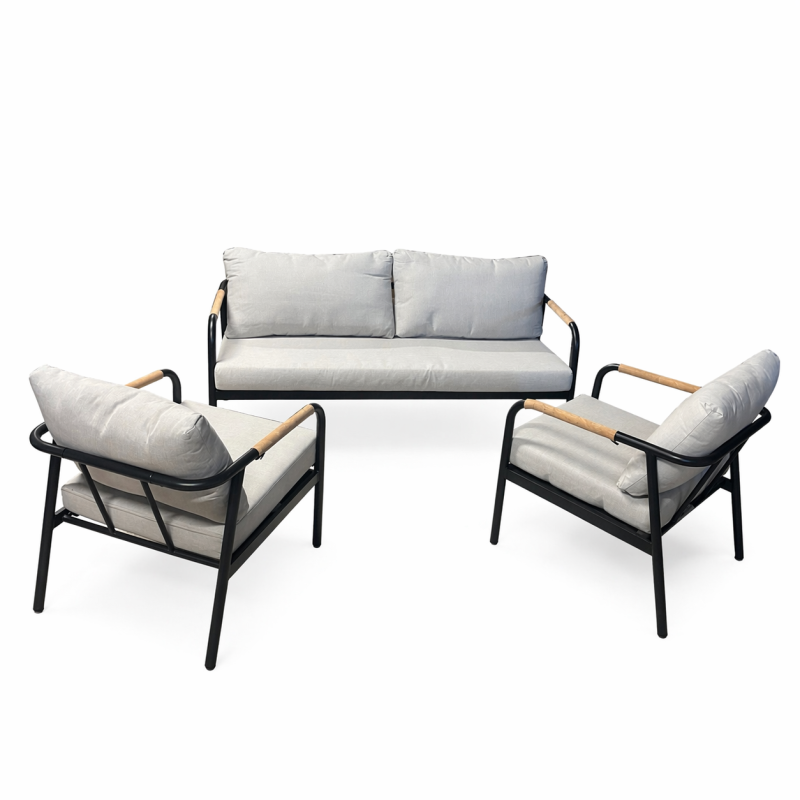Lauko baldų komplektas su aliuminio rėmu, sofa ir 2 kėdėmis, minkštos pagalvės, modernus dizainas Lauko baldų komplektas su aliuminio rėmu, sofa ir 2 kėdėmis, minkštos pagalvės, modernus dizainas