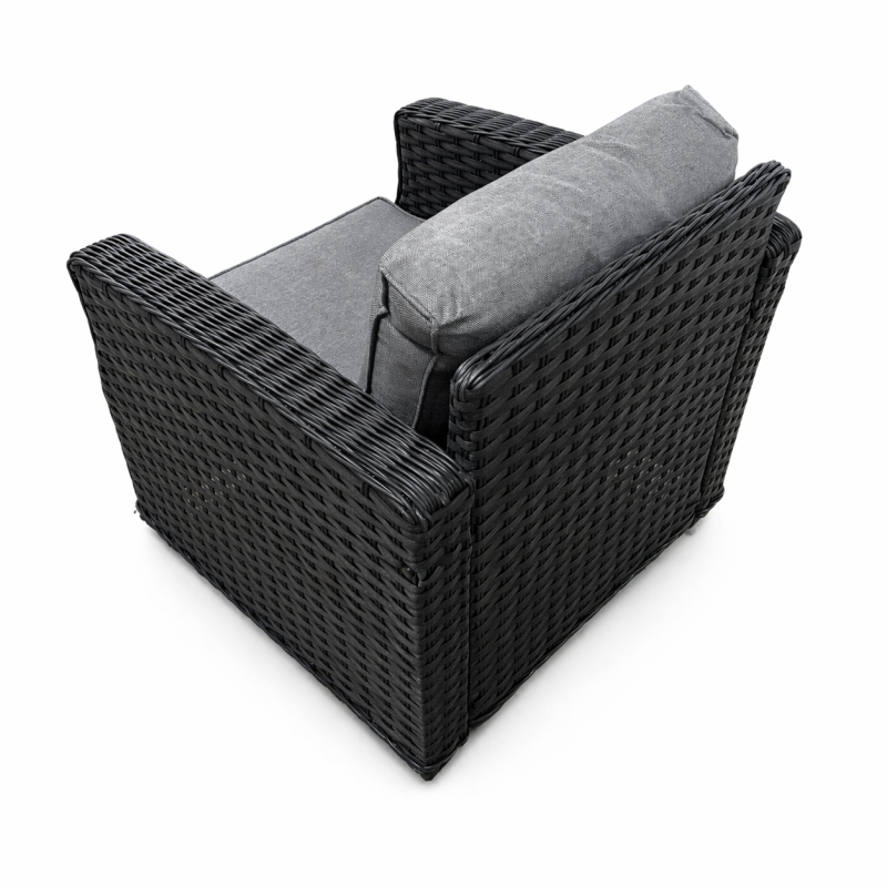 Lauko fotelis pintas juodos spalvos su pilkomis pagalvėmis, aliuminio rėmas