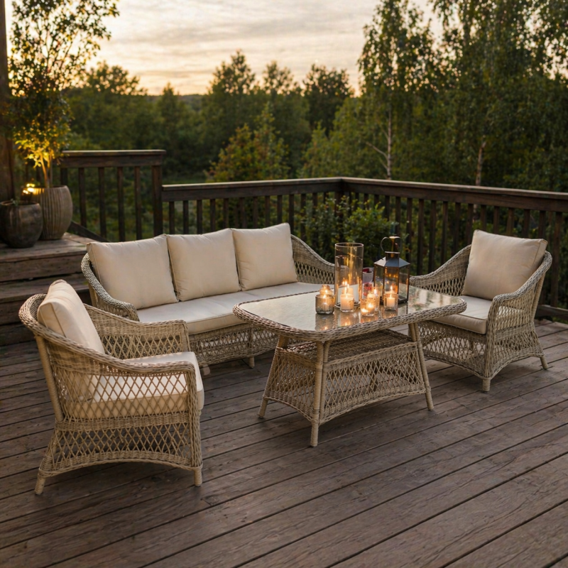 Lauko baldų komplektas 4 dalių šviesiai pilkas su sofa, 2 foteliais ir stalu