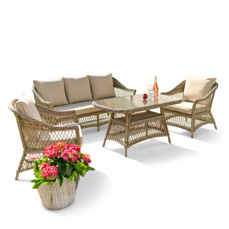 Lauko baldų komplektas 4 dalių šviesiai pilkas su sofa, 2 foteliais ir stalu