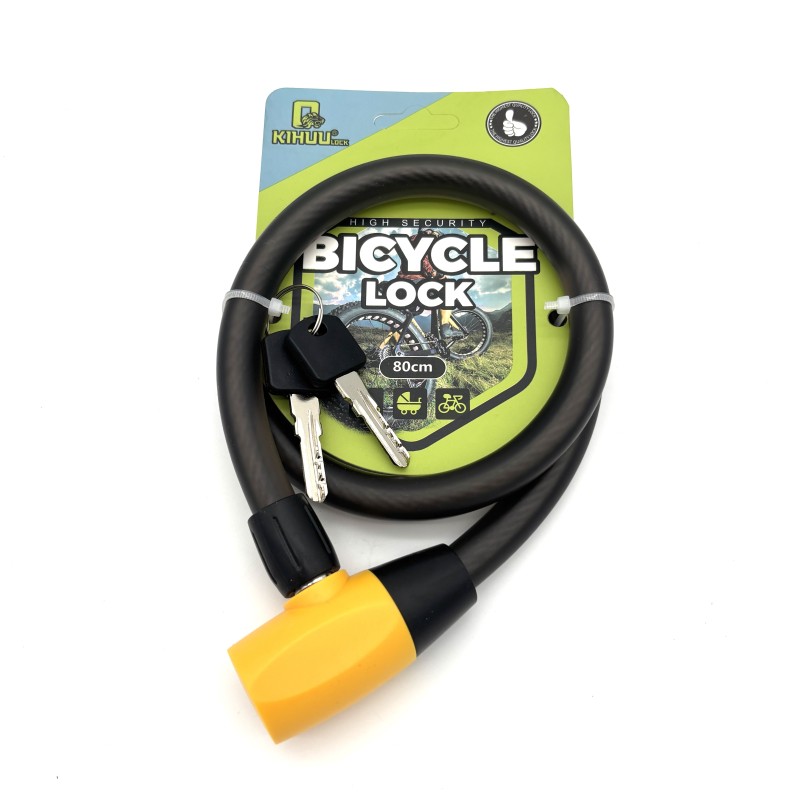 Dviračio spyna su raktu 80 cm, lanksti apsaugos spyna juoda su spalvotu užraktu