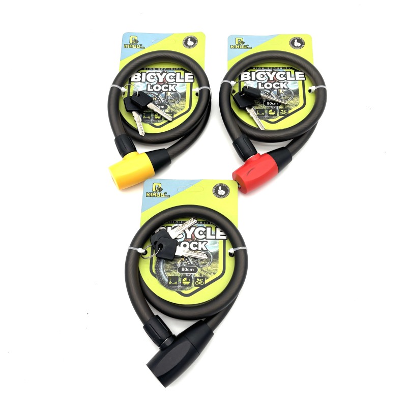 Dviračio spyna su raktu 80 cm, lanksti apsaugos spyna juoda su spalvotu užraktu