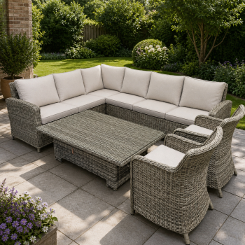 Lauko baldų komplektas pintas šviesiai pilkas kampinė sofa, stalas su stiklu ir krėslai