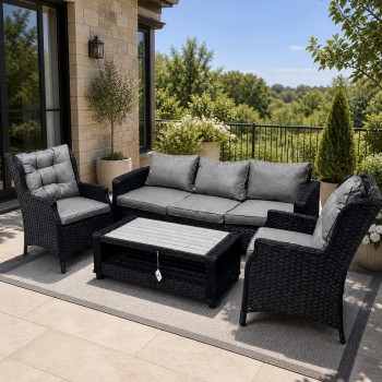 Lauko baldų komplektas pintas juodos spalvos sofa trivietė, foteliai ir kavos staliukas