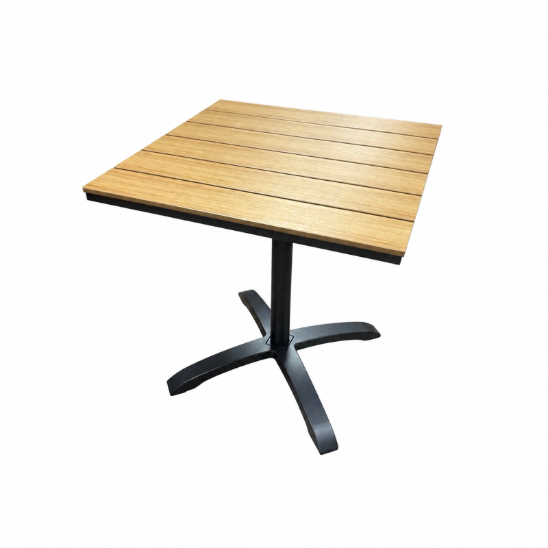 Lauko staliukas 70 x 70 x 72 cm su rudu lentelių imitacijos stalviršiu ir juodu metaliniu pagrindu