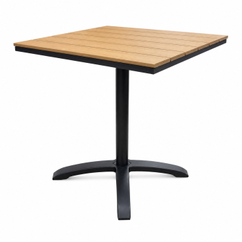 Lauko staliukas 70 x 70 x 72 cm su rudu lentelių imitacijos stalviršiu ir juodu metaliniu pagrindu