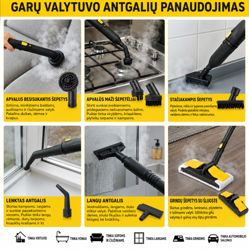 Garų valytuvas 2000 W su 1,8 l talpa, 5 bar slėgiu ir 13 priedų komplektu