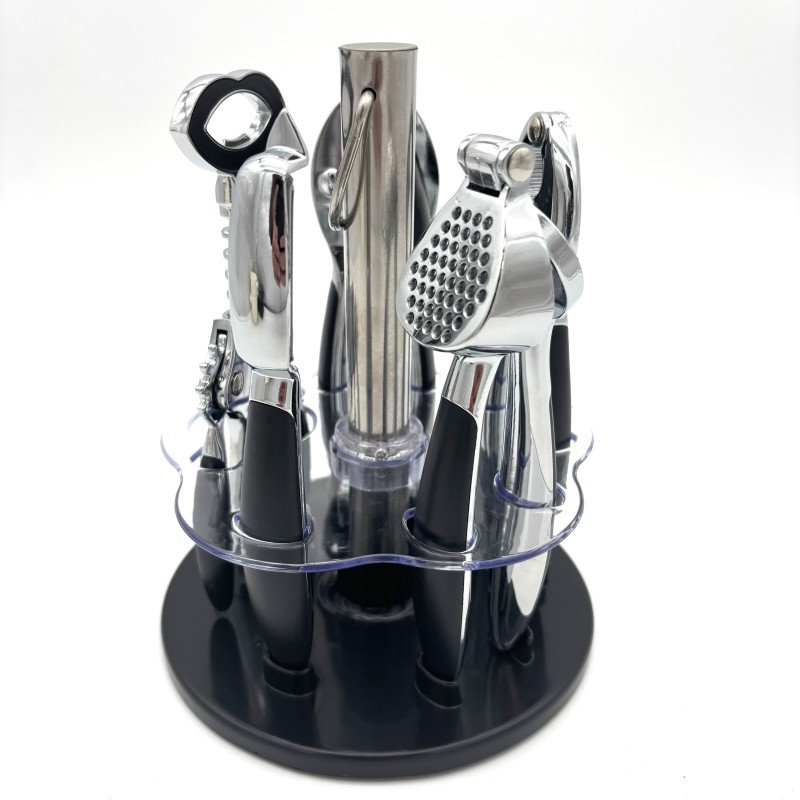 Virtuvės įrankių rinkinys 6 vnt. su akriliniu stovu, kamščiatraukiu, konservų atidarytuvu ir česnako spaustuku