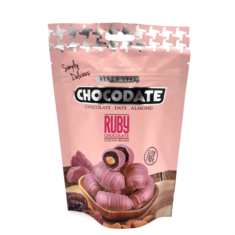 Saldainiai be glitimo su datulėmis, migdolais ir ruby šokoladu Chocodate, 90 g