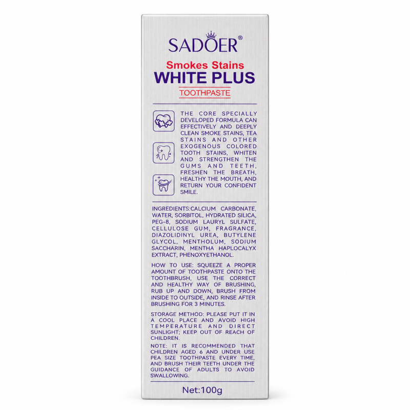 Balinamoji dantų pasta SADOER White Plus nuo rūkymo ir kavos dėmių, 100 g