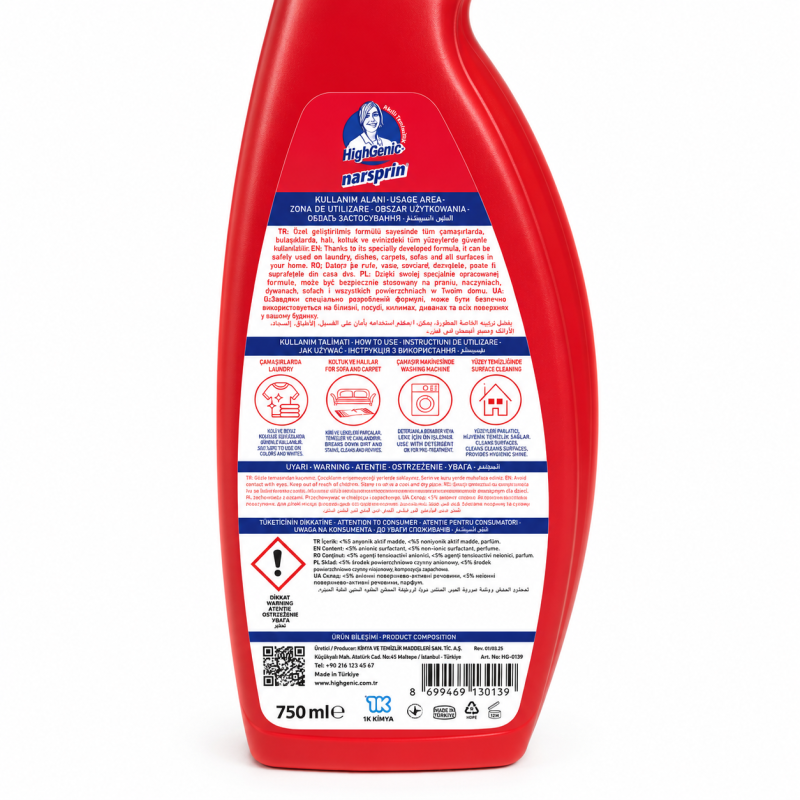 Universalus purškiamas valiklis 750 ml drabužiams, sofoms, kilimams ir paviršiams HighGenic Narsprin Universalus purškiamas valiklis 750 ml drabužiams, sofoms, kilimams ir paviršiams HighGenic Narsprin