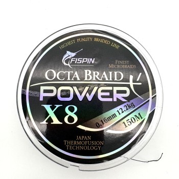 Pintas valas žvejybai FISPIN Octa Braid Power X8 0.16 mm 12.2 kg 150 m pilkos spalvos