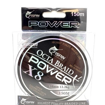 Pintas valas žvejybai FISPIN Octa Braid Power X8 0.16 mm 12.2 kg 150 m pilkos spalvos