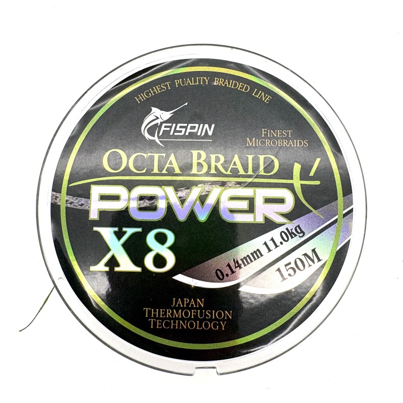 Pintas valas žvejybai FISPIN Octa Braid Power X8 0.14 mm 11.0 kg 150 m pilkos spalvos