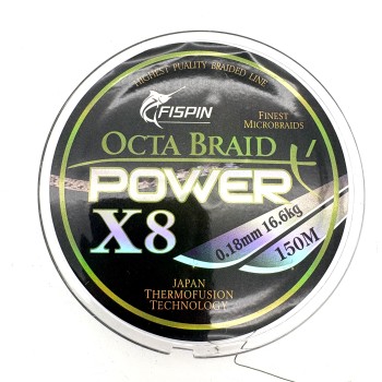 Pintas valas žvejybai FISPIN Octa Braid Power X8 0.18 mm 16.6 kg 150 m žalios spalvos