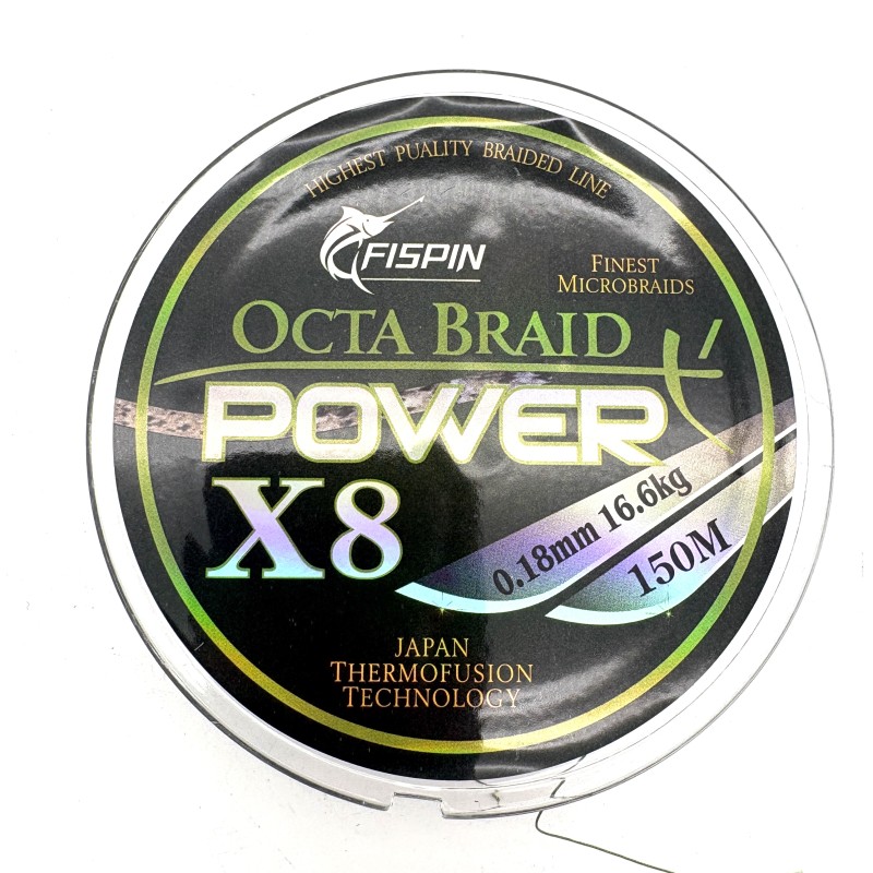 Pintas valas žvejybai FISPIN Octa Braid Power X8 0.18 mm 16.6 kg 150 m žalios spalvos
