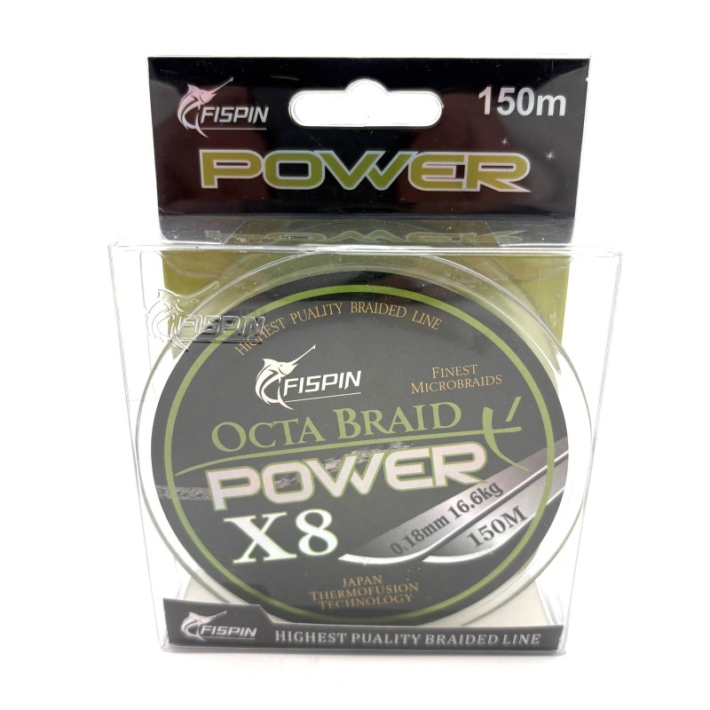 Pintas valas žvejybai FISPIN Octa Braid Power X8 0.18 mm 16.6 kg 150 m žalios spalvos