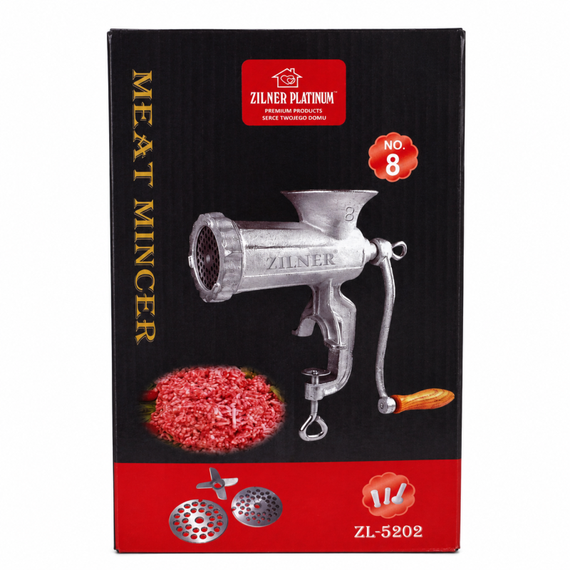 Mėsmalė rankinė su ketaus korpusu Zilner Platinum ZL-5202 Nr. 8 su priedais ir tvirtinimu prie stalo