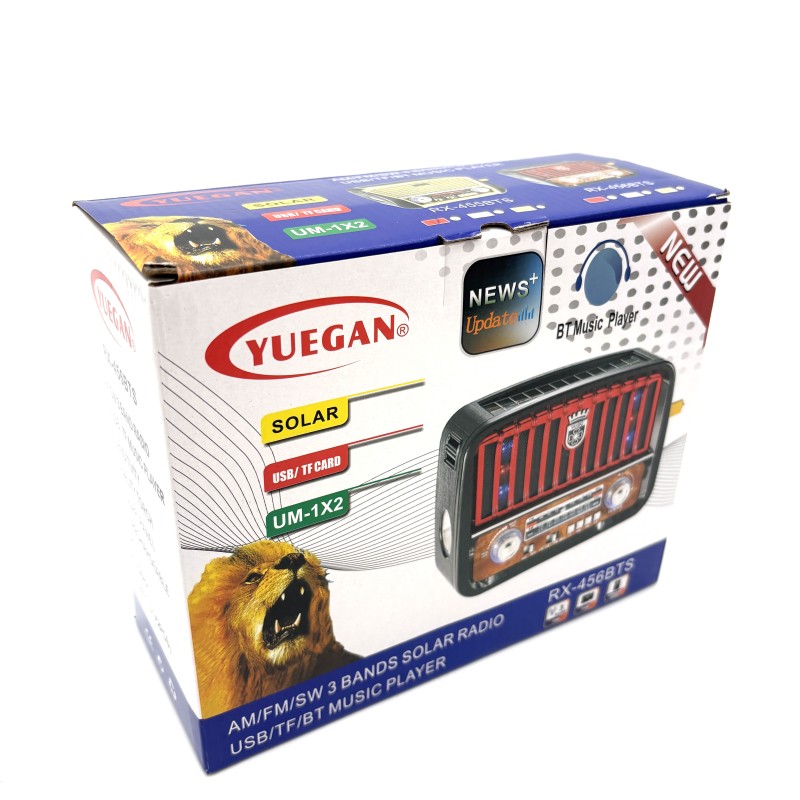 Radijas YUEGAN RX-456BTS su saulės baterija, Bluetooth, USB, TF kortele, AM/FM/SW ir žibintuvėliu