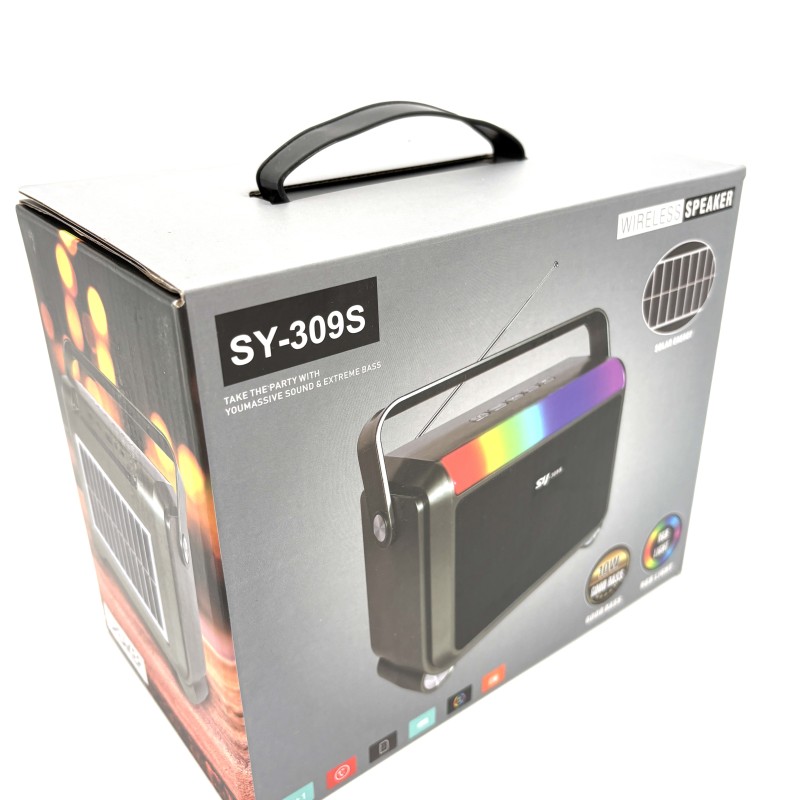 Kolonėlė SY-309S belaidė 10 W su FM radiju, saulės baterija, RGB apšvietimu, USB, TF ir AUX Kolonėlė SY-309S belaidė 10 W su FM radiju, saulės baterija, RGB apšvietimu, USB, TF ir AUX